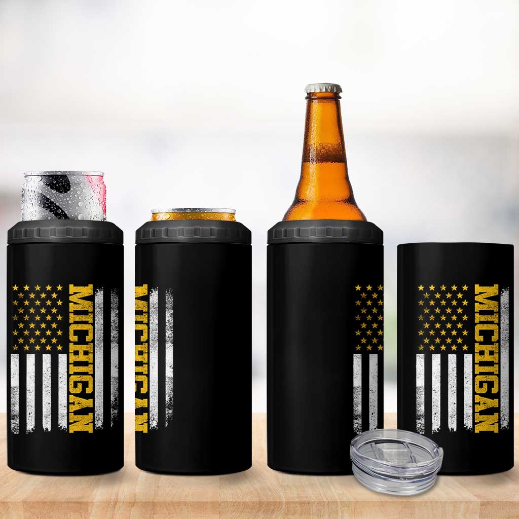 Michigan Pride 4 in 1 Can Cooler Tumbler Vintage American Flag Distressed Varsity Aesthetic Letters MI State