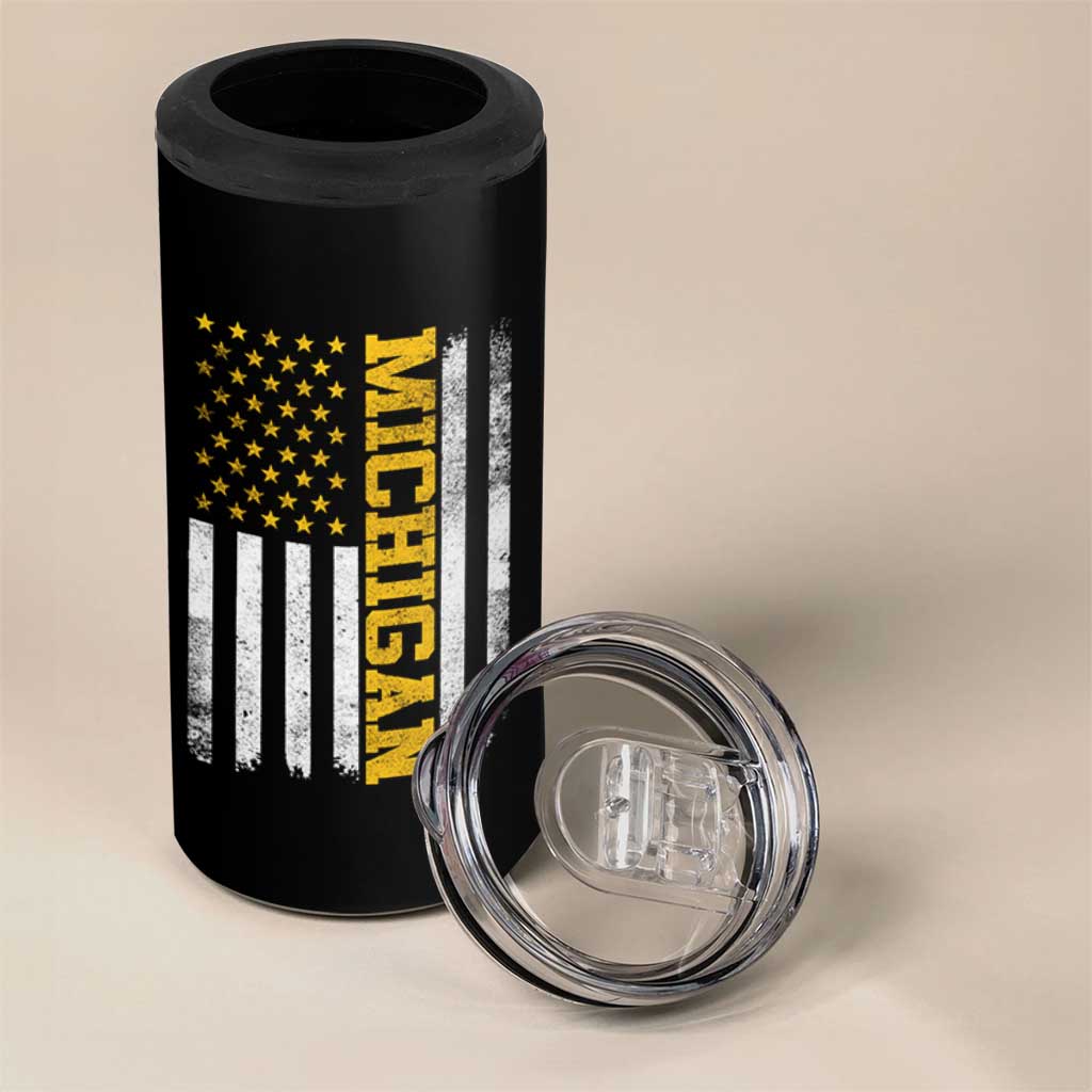 Michigan Pride 4 in 1 Can Cooler Tumbler Vintage American Flag Distressed Varsity Aesthetic Letters MI State
