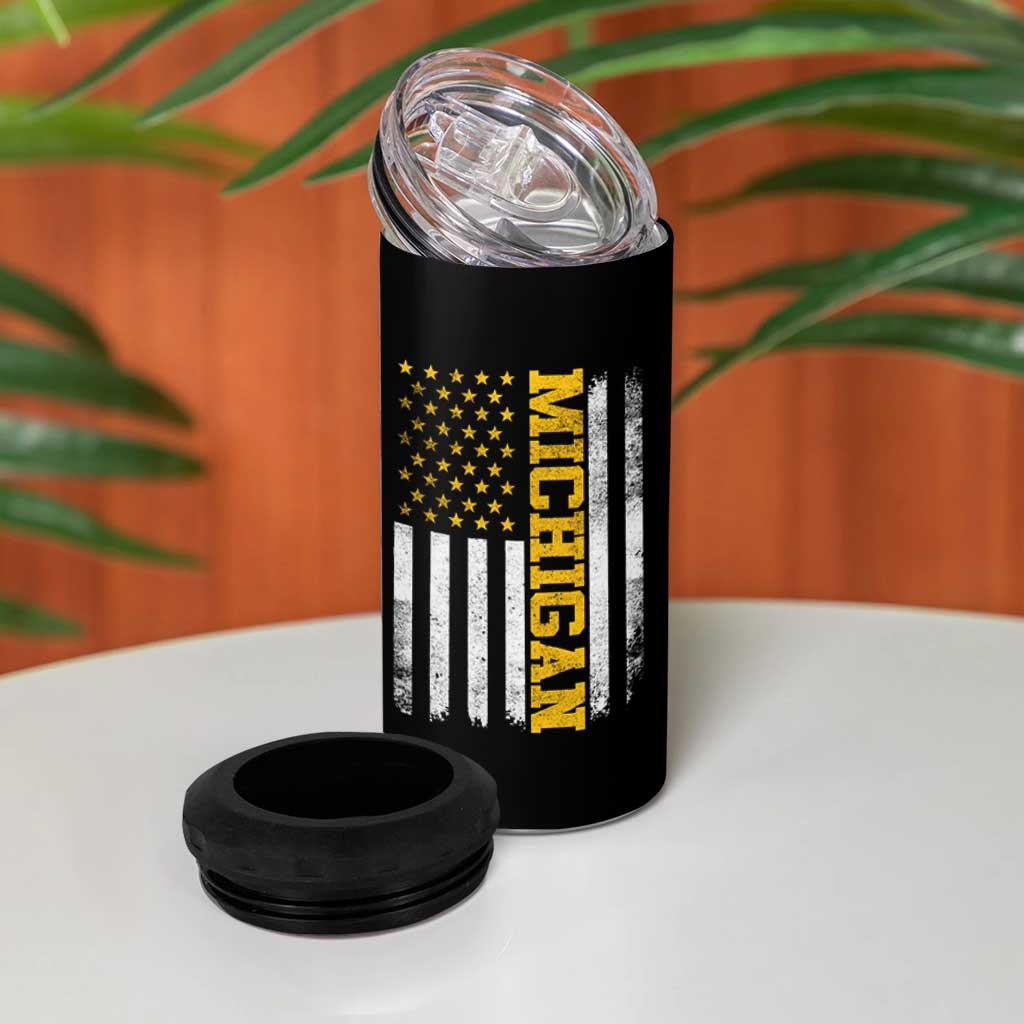 Michigan Pride 4 in 1 Can Cooler Tumbler Vintage American Flag Distressed Varsity Aesthetic Letters MI State