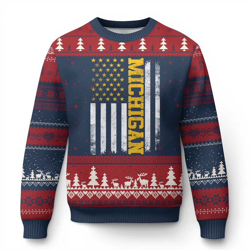 Michigan Pride Ugly Christmas Sweater Vintage American Flag Distressed Varsity Aesthetic Letters MI State