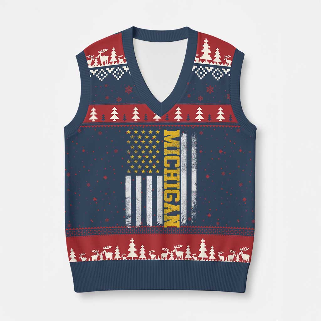 Michigan Pride V-Neck Knit Sweater Vest Vintage American Flag Distressed Varsity Aesthetic Letters MI State