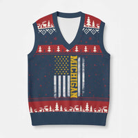 Michigan Pride V-Neck Knit Sweater Vest Vintage American Flag Distressed Varsity Aesthetic Letters MI State