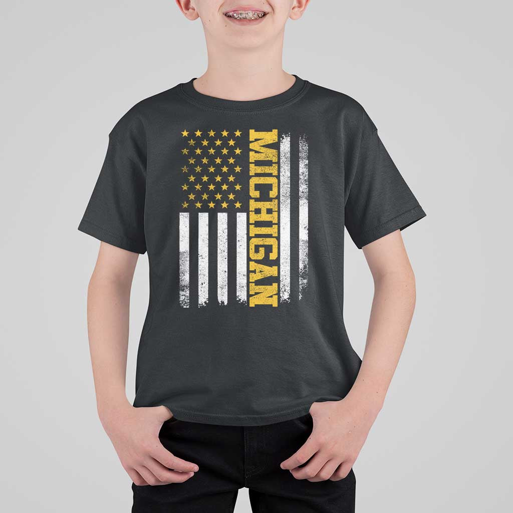 Michigan Pride T Shirt For Kid Vintage American Flag Distressed Varsity Aesthetic Letters MI State