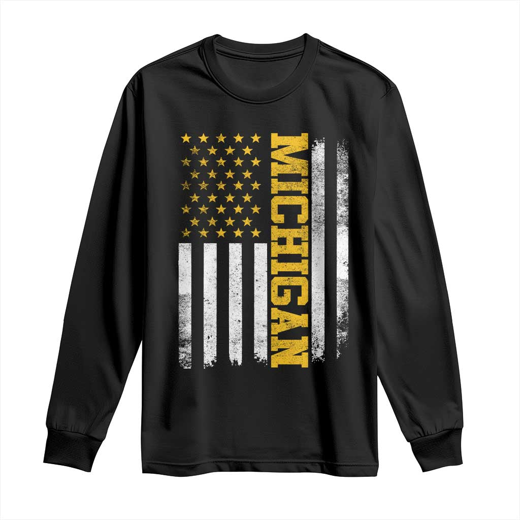 Michigan Pride Long Sleeve Shirt Vintage American Flag Distressed Varsity Aesthetic Letters MI State