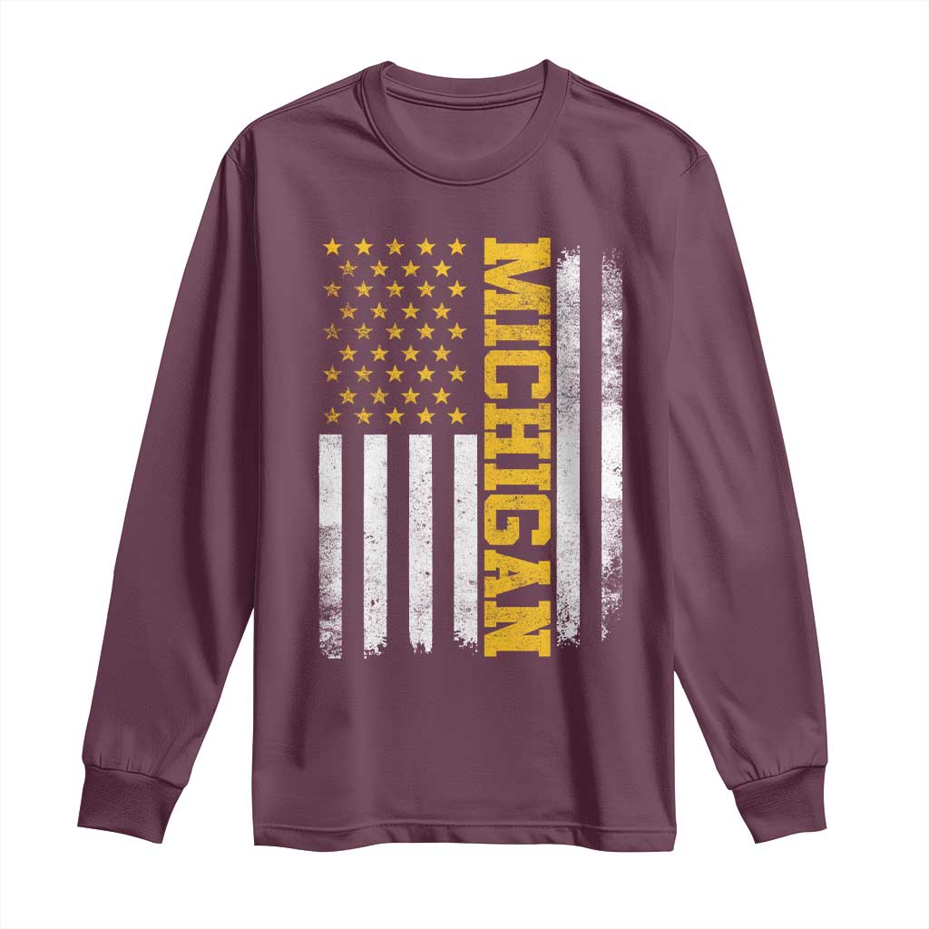 Michigan Pride Long Sleeve Shirt Vintage American Flag Distressed Varsity Aesthetic Letters MI State