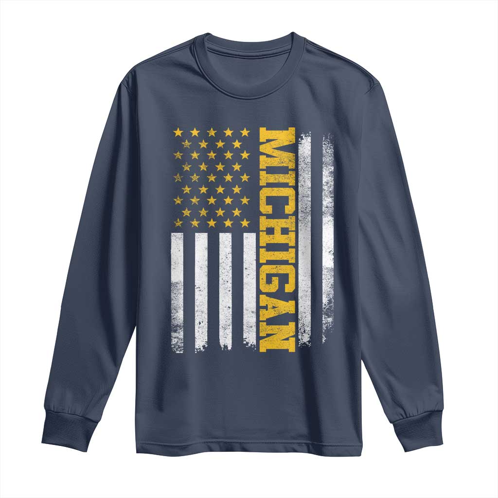 Michigan Pride Long Sleeve Shirt Vintage American Flag Distressed Varsity Aesthetic Letters MI State