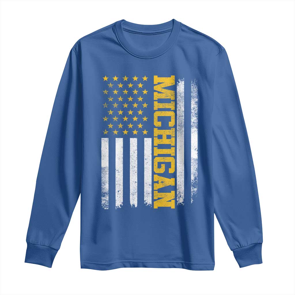 Michigan Pride Long Sleeve Shirt Vintage American Flag Distressed Varsity Aesthetic Letters MI State