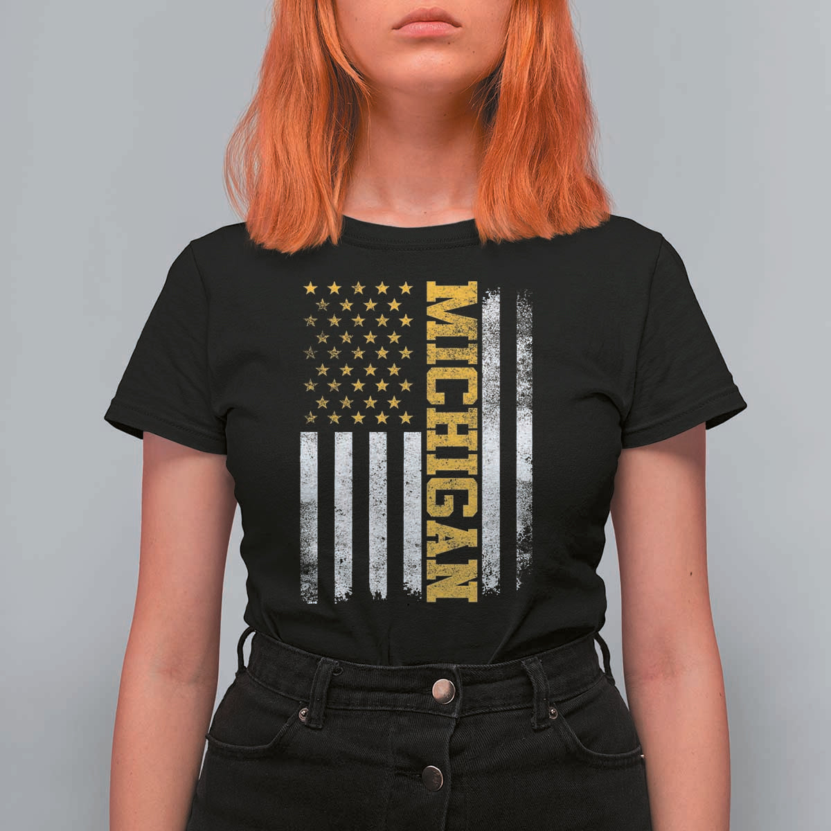 Michigan Pride T Shirt For Women Vintage American Flag Distressed Varsity Aesthetic Letters MI State