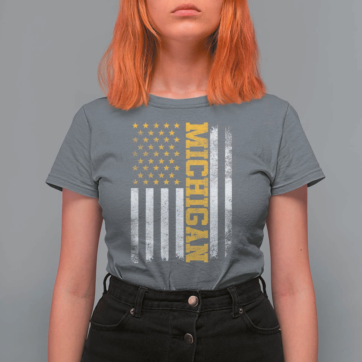 Michigan Pride T Shirt For Women Vintage American Flag Distressed Varsity Aesthetic Letters MI State