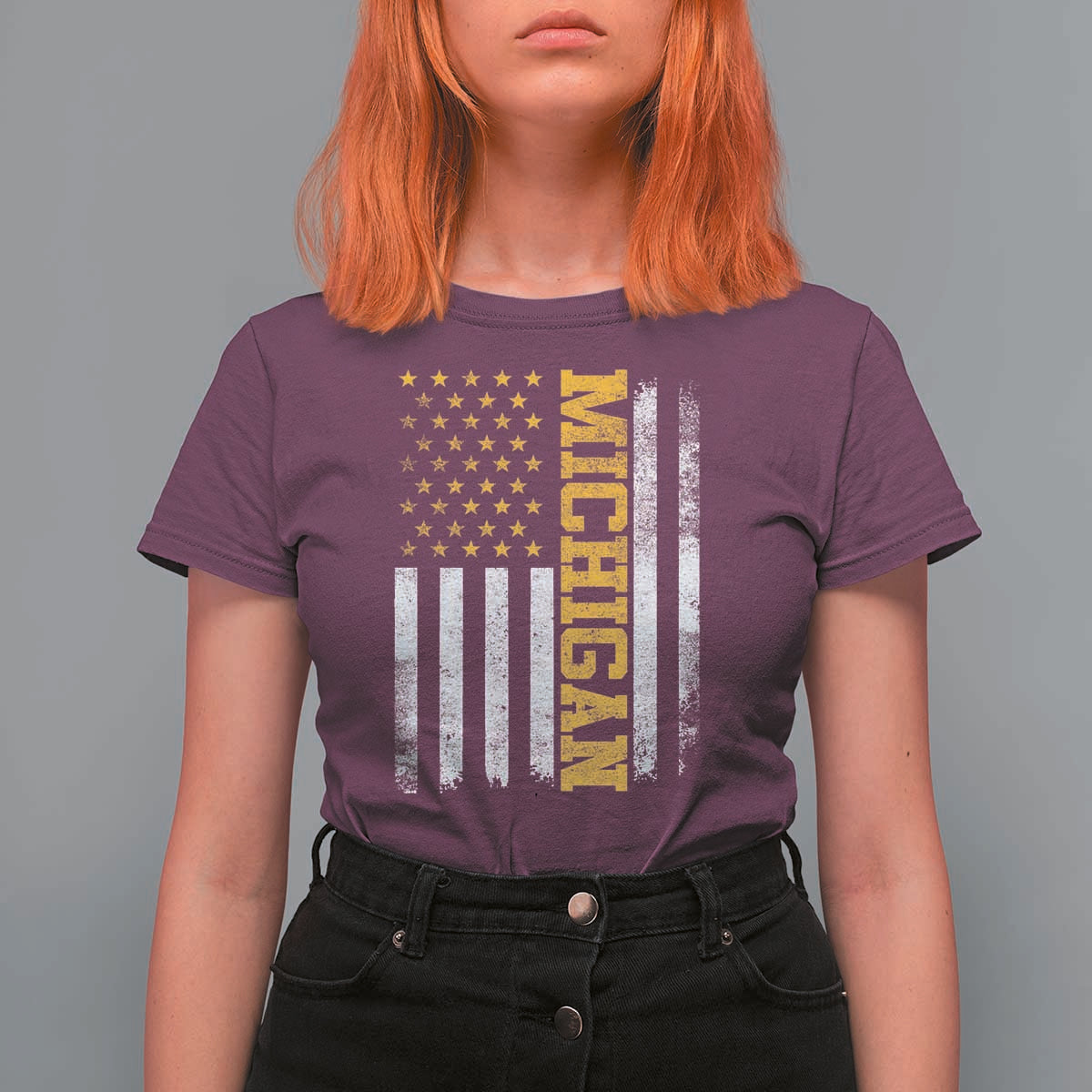 Michigan Pride T Shirt For Women Vintage American Flag Distressed Varsity Aesthetic Letters MI State