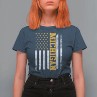 Michigan Pride T Shirt For Women Vintage American Flag Distressed Varsity Aesthetic Letters MI State