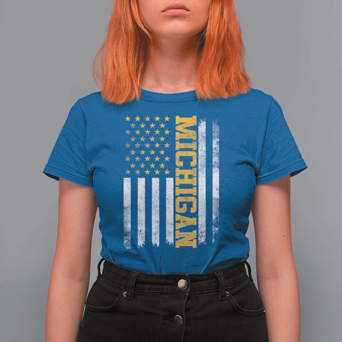 Michigan Pride T Shirt For Women Vintage American Flag Distressed Varsity Aesthetic Letters MI State
