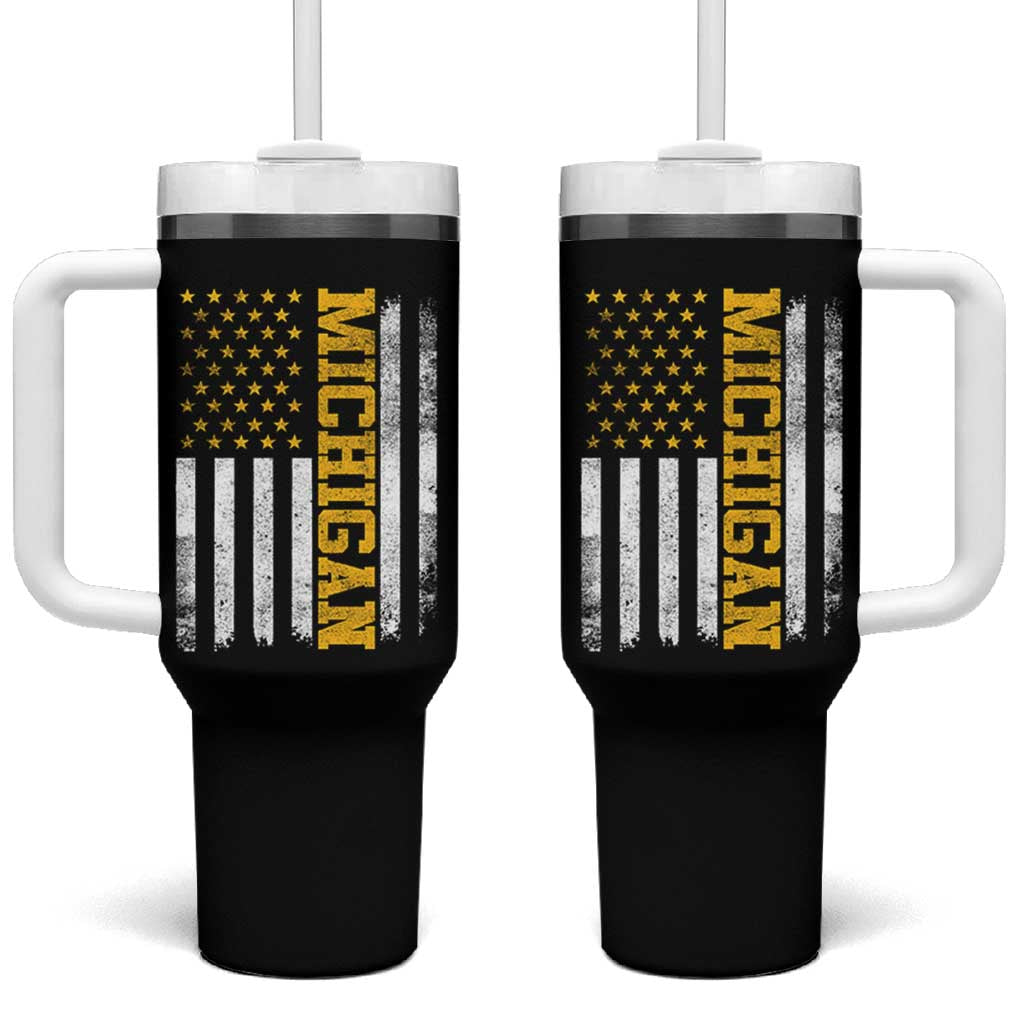 Michigan Pride Tumbler With Handle Vintage American Flag Distressed Varsity Aesthetic Letters MI State