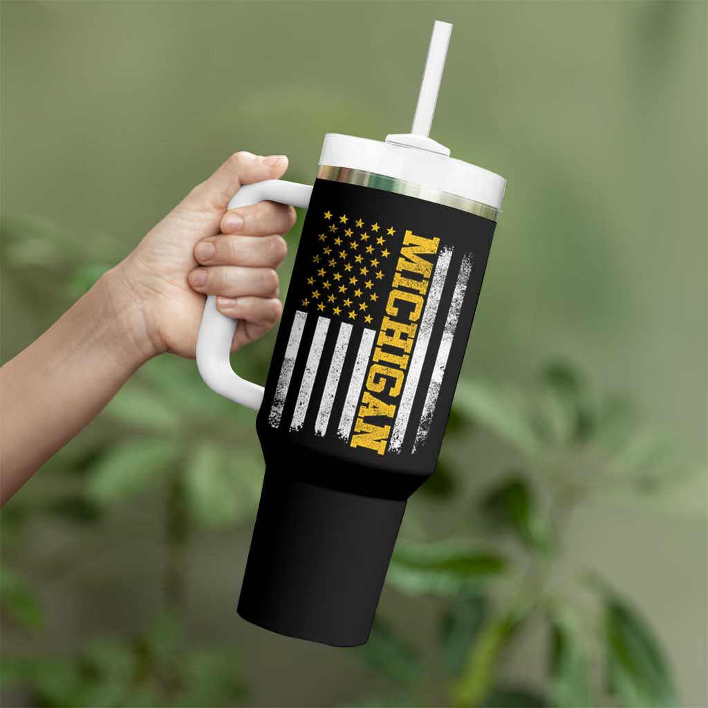 Michigan Pride Tumbler With Handle Vintage American Flag Distressed Varsity Aesthetic Letters MI State