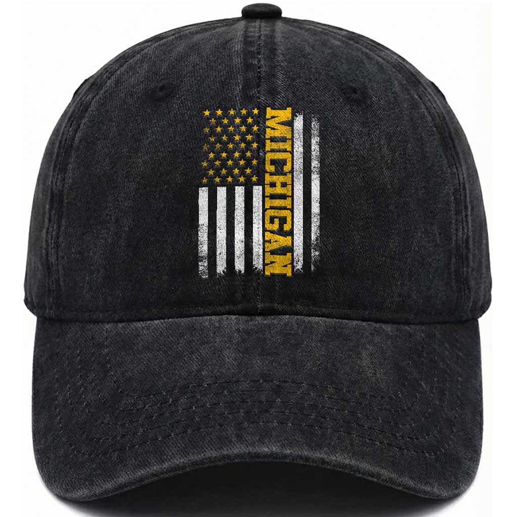 Michigan Pride Washed Cotton Baseball Cap Vintage American Flag Distressed Varsity Aesthetic Letters MI State