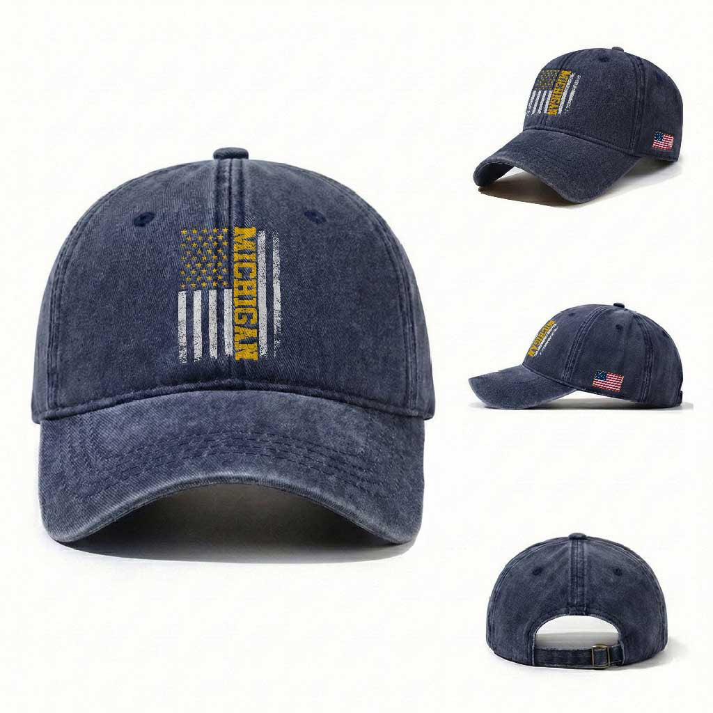 Michigan Pride Washed Cotton Baseball Cap Vintage American Flag Distressed Varsity Aesthetic Letters MI State