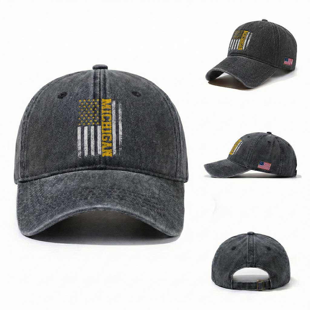Michigan Pride Washed Cotton Baseball Cap Vintage American Flag Distressed Varsity Aesthetic Letters MI State