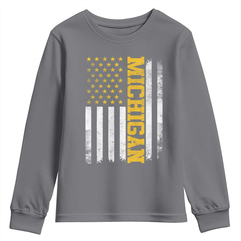 Michigan Pride Youth Sweatshirt Vintage American Flag Distressed Varsity Aesthetic Letters MI State
