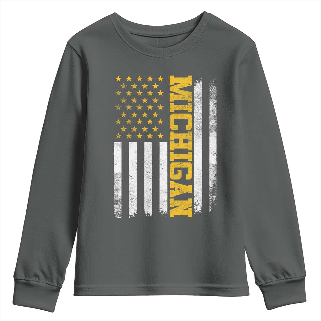 Michigan Pride Youth Sweatshirt Vintage American Flag Distressed Varsity Aesthetic Letters MI State