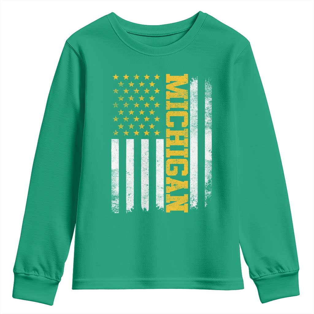 Michigan Pride Youth Sweatshirt Vintage American Flag Distressed Varsity Aesthetic Letters MI State
