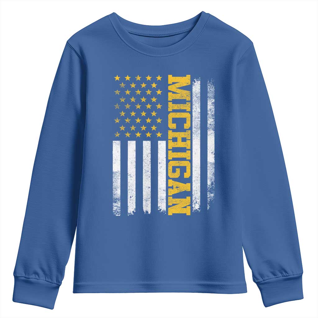 Michigan Pride Youth Sweatshirt Vintage American Flag Distressed Varsity Aesthetic Letters MI State
