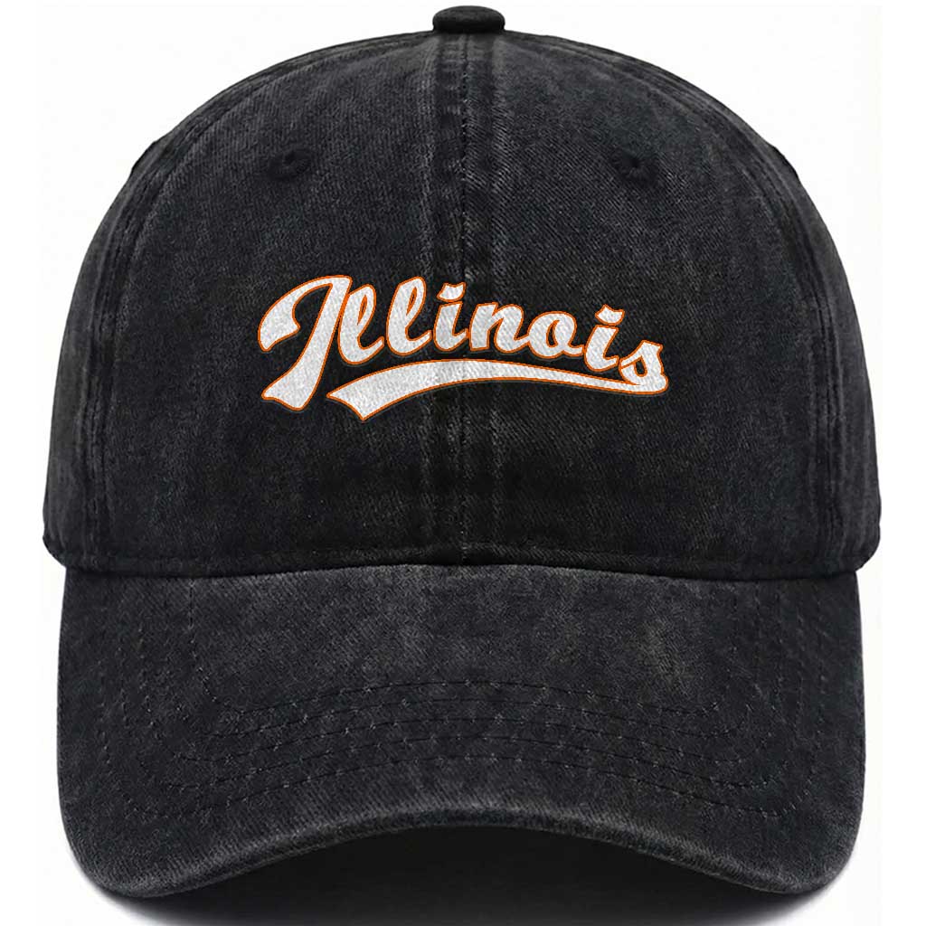 Illinois Vintage Orange Varsity Script Text Classic Sports Jersey Style Washed Cotton Baseball Cap
