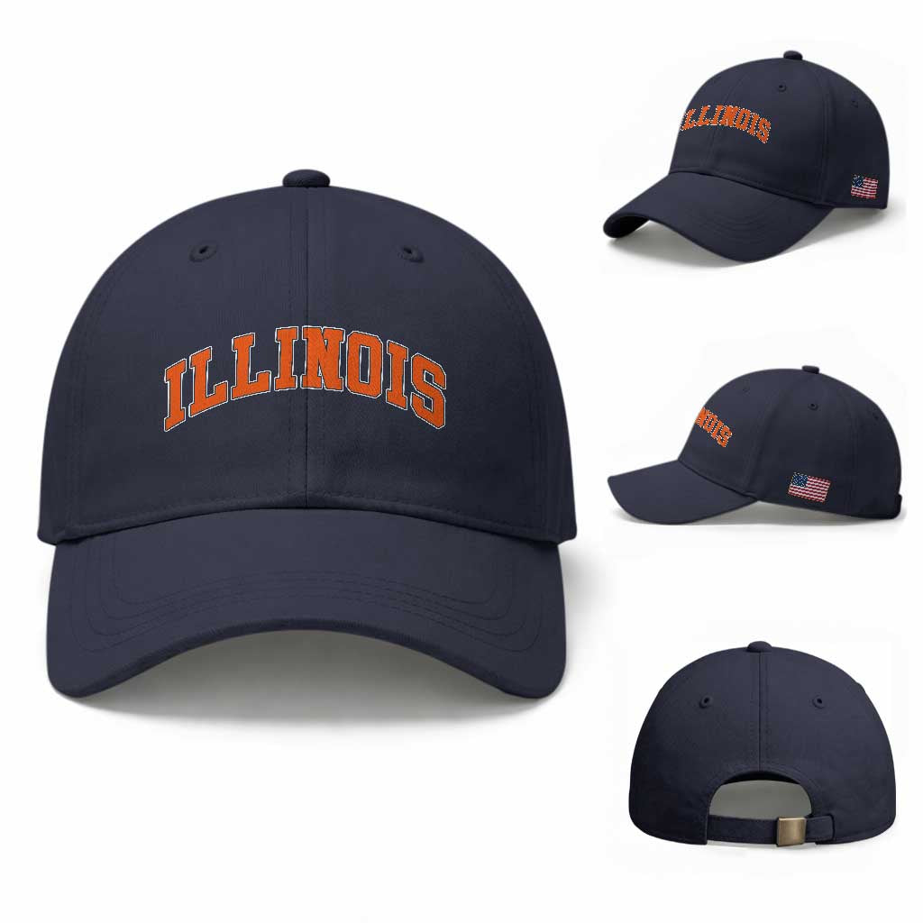 Illinois Sports Fan Baseball Cap Vintage Orange Blue Throwback Text IL State