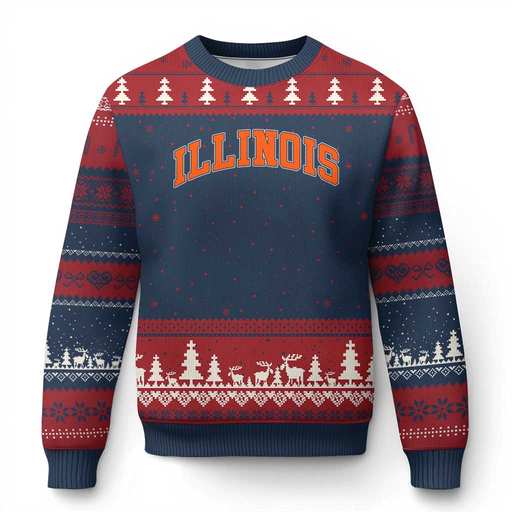 Illinois Sports Fan Ugly Christmas Sweater Vintage Orange Blue Throwback Text IL State