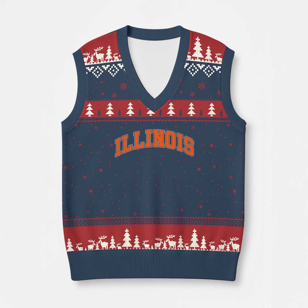 Illinois Sports Fan V-Neck Knit Sweater Vest Vintage Orange Blue Throwback Text IL State