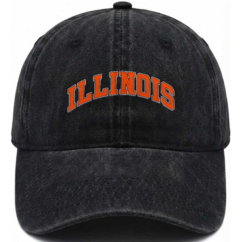 Illinois Sports Fan Washed Cotton Baseball Cap Vintage Orange Blue Throwback Text IL State
