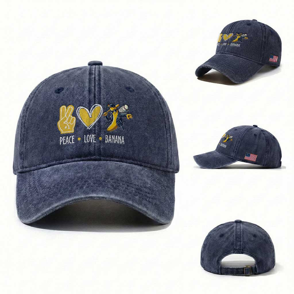 Funny Peace Love Banana Washed Cotton Baseball Cap Cute Banana Peace Sign Heart