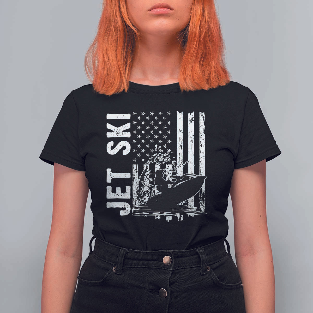 Jet Ski Lover T Shirt For Women Vintage Ski Rider American Flag Water Sport - Wonder Print Shop