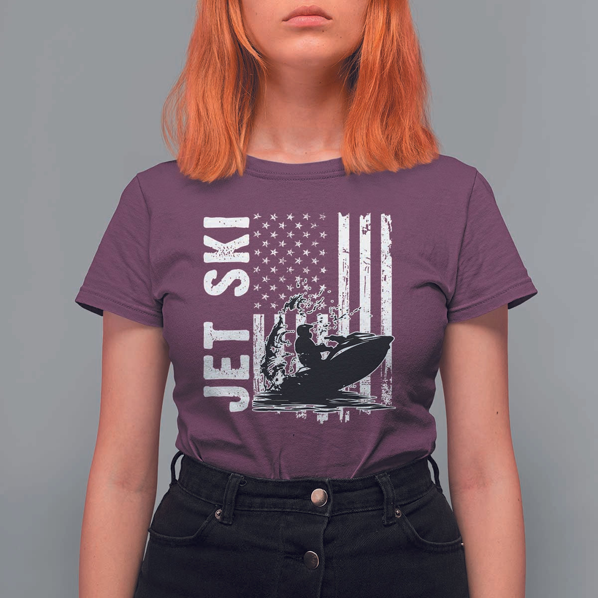 Jet Ski Lover T Shirt For Women Vintage Ski Rider American Flag Water Sport - Wonder Print Shop