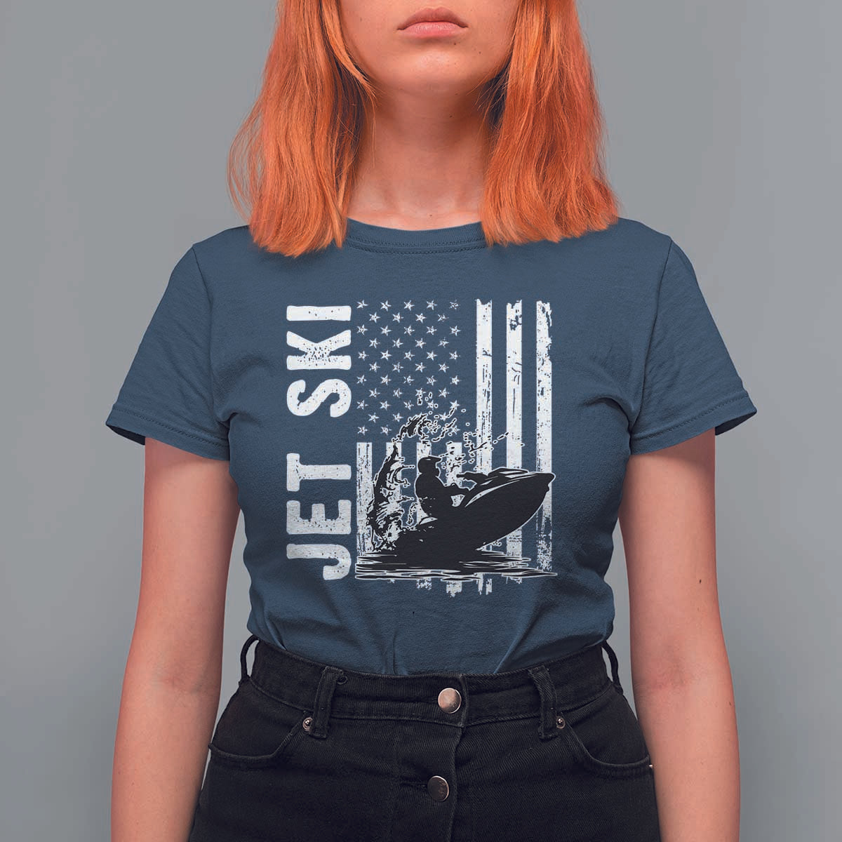 Jet Ski Lover T Shirt For Women Vintage Ski Rider American Flag Water Sport - Wonder Print Shop
