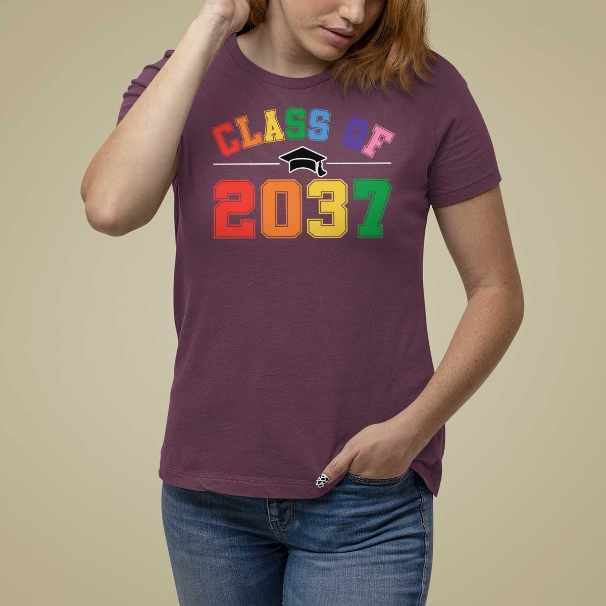 Class Of 2037 T Shirt For Women Grow With Me First Day of School Graduation Mortarboard - Wonder Print Shop