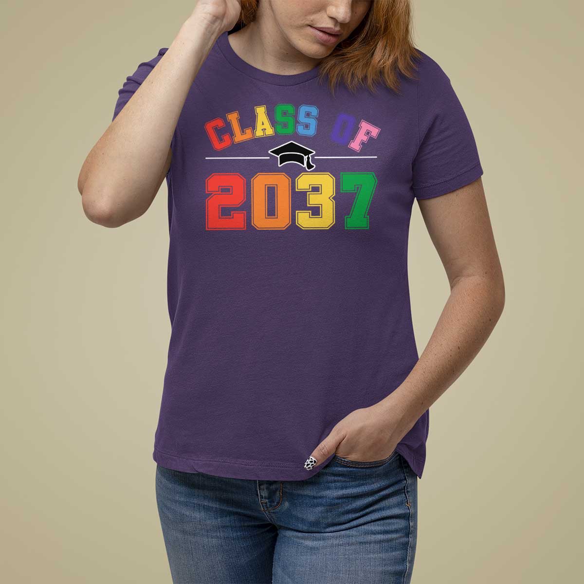 Class Of 2037 T Shirt For Women Grow With Me First Day of School Graduation Mortarboard - Wonder Print Shop