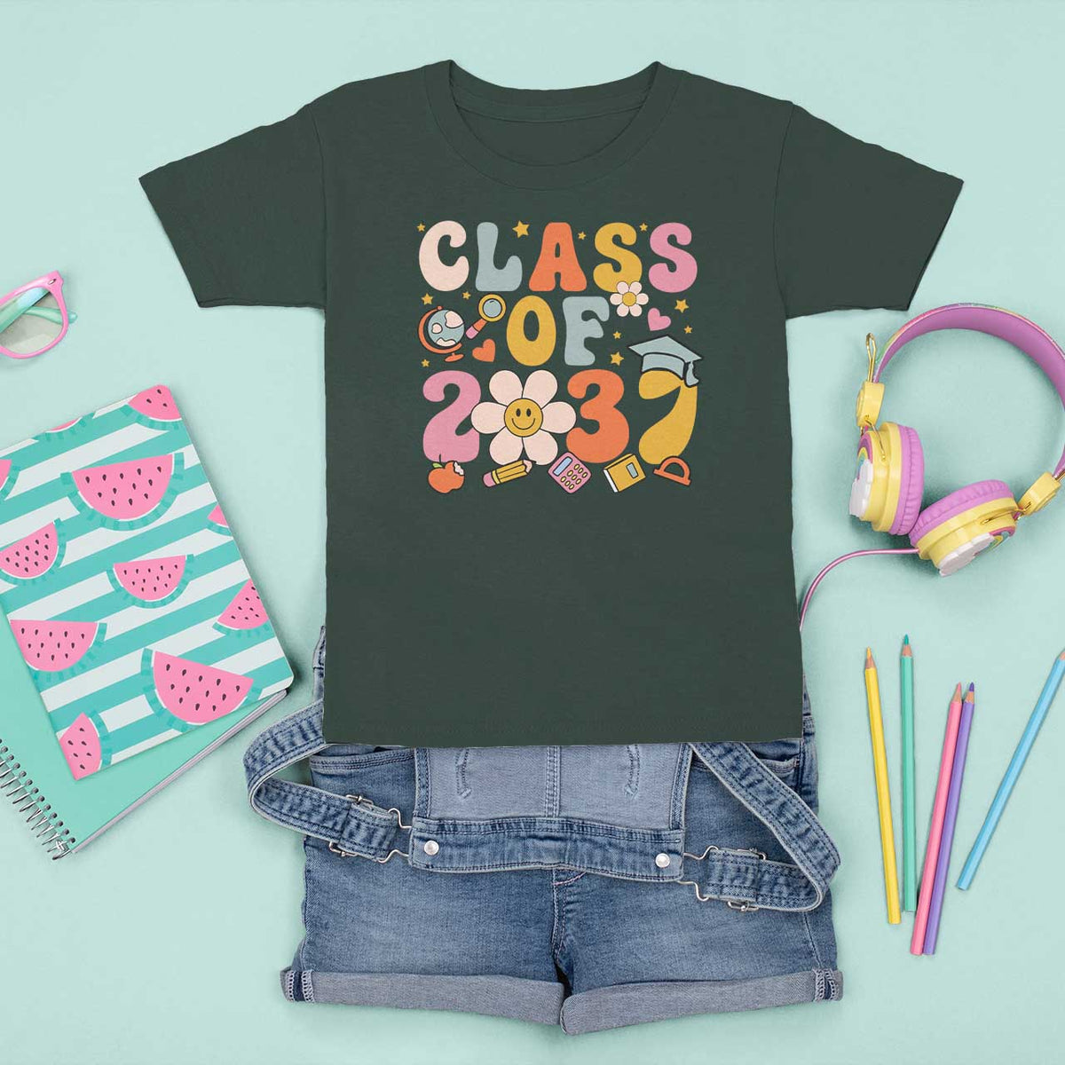 Class Of 2037 T Shirt For Kid Back To School Retro Groove Flower Pencil Apple - Wonder Print Shop