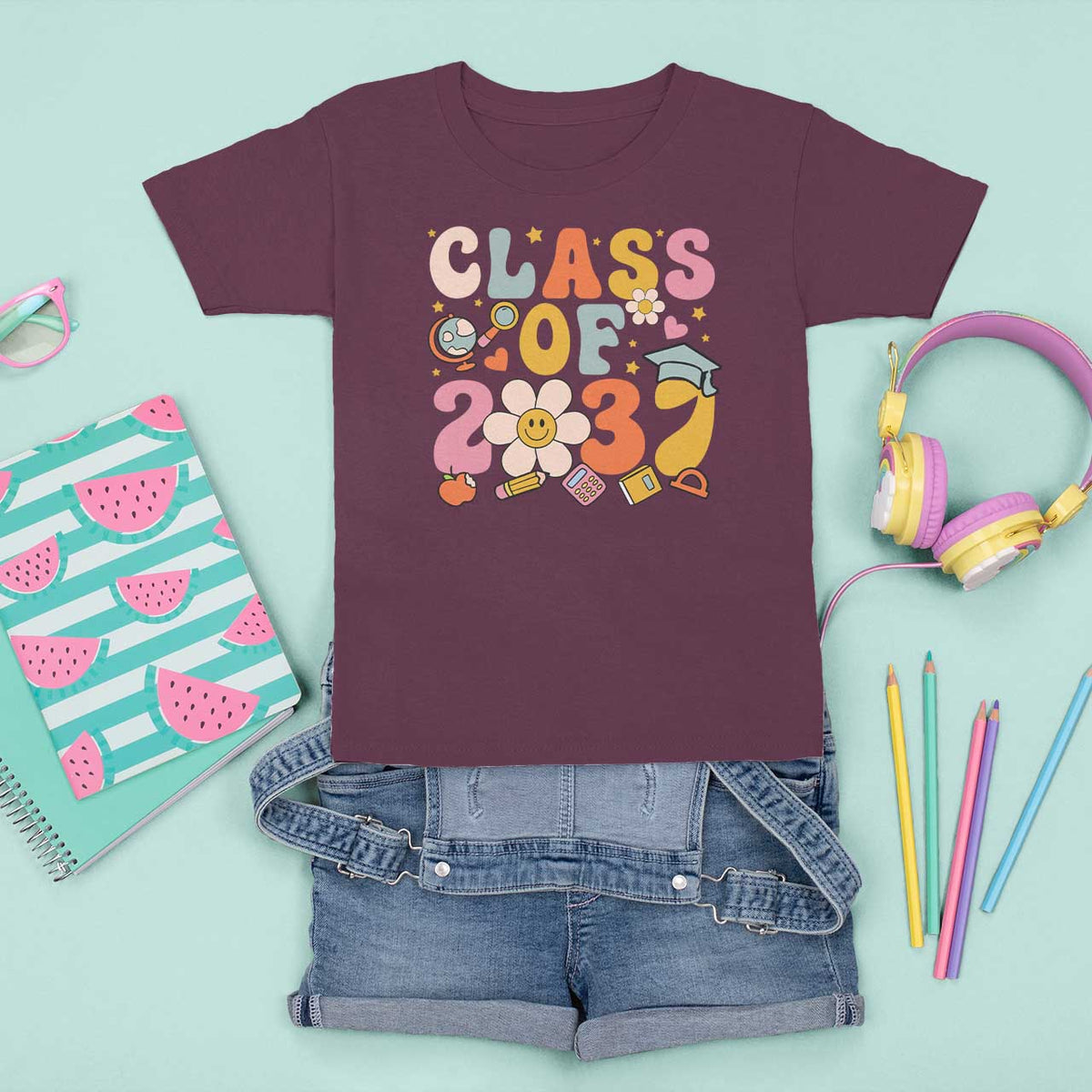Class Of 2037 T Shirt For Kid Back To School Retro Groove Flower Pencil Apple - Wonder Print Shop