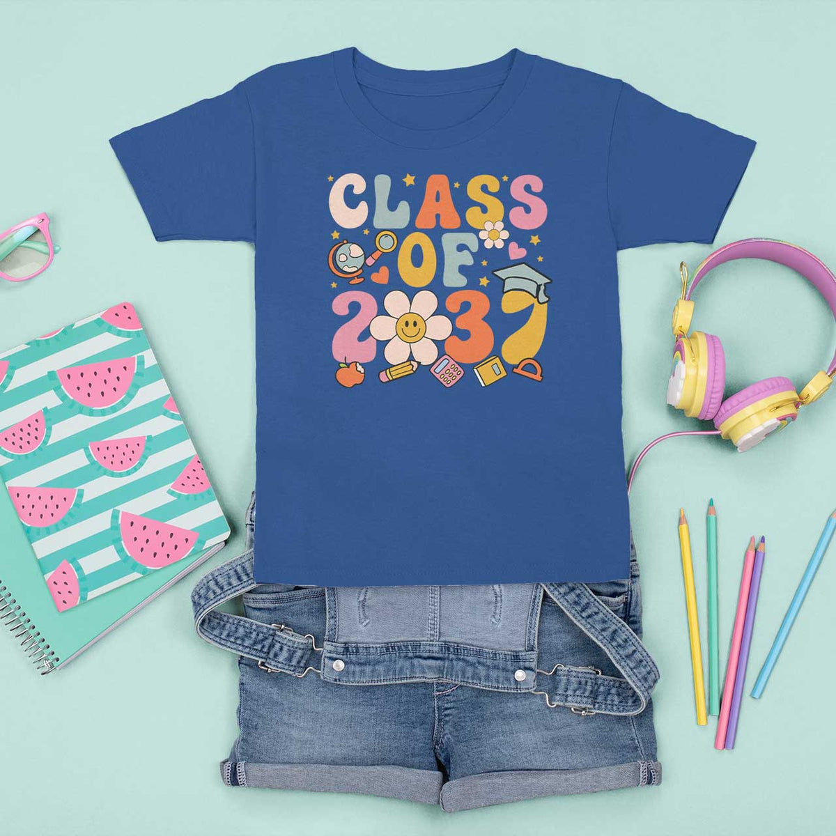 Class Of 2037 T Shirt For Kid Back To School Retro Groove Flower Pencil Apple - Wonder Print Shop