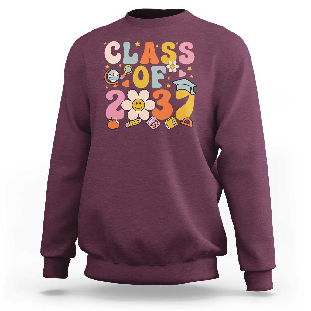 Class Of 2037 Sweatshirt Back To School Retro Groove Flower Pencil Apple - Wonder Print Shop