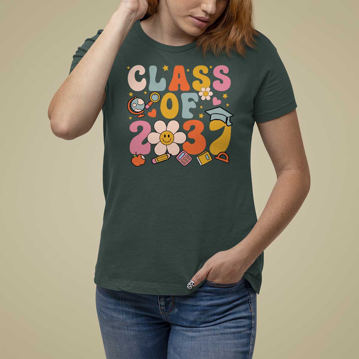 Class Of 2037 T Shirt For Women Back To School Retro Groove Flower Pencil Apple - Wonder Print Shop