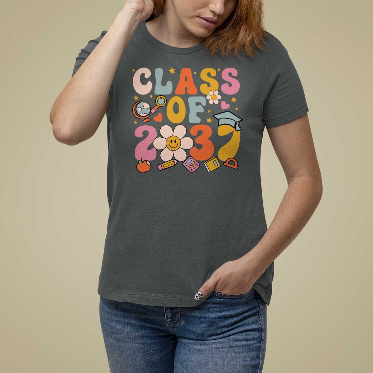 Class Of 2037 T Shirt For Women Back To School Retro Groove Flower Pencil Apple - Wonder Print Shop