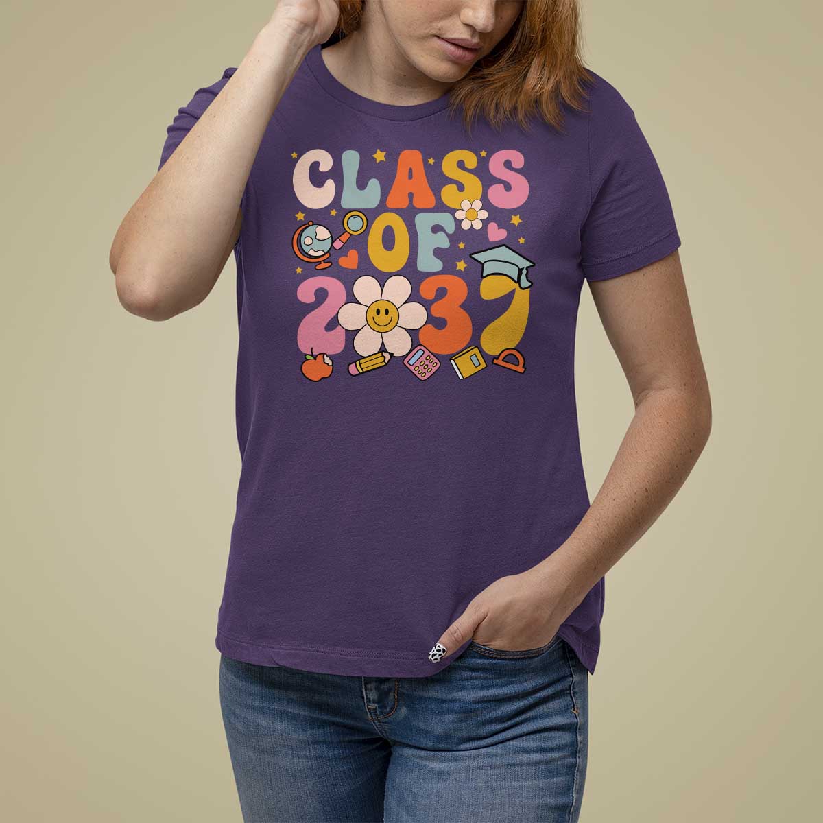 Class Of 2037 T Shirt For Women Back To School Retro Groove Flower Pencil Apple - Wonder Print Shop