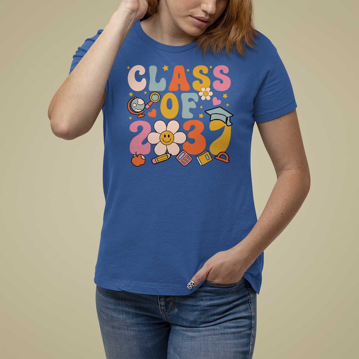 Class Of 2037 T Shirt For Women Back To School Retro Groove Flower Pencil Apple - Wonder Print Shop