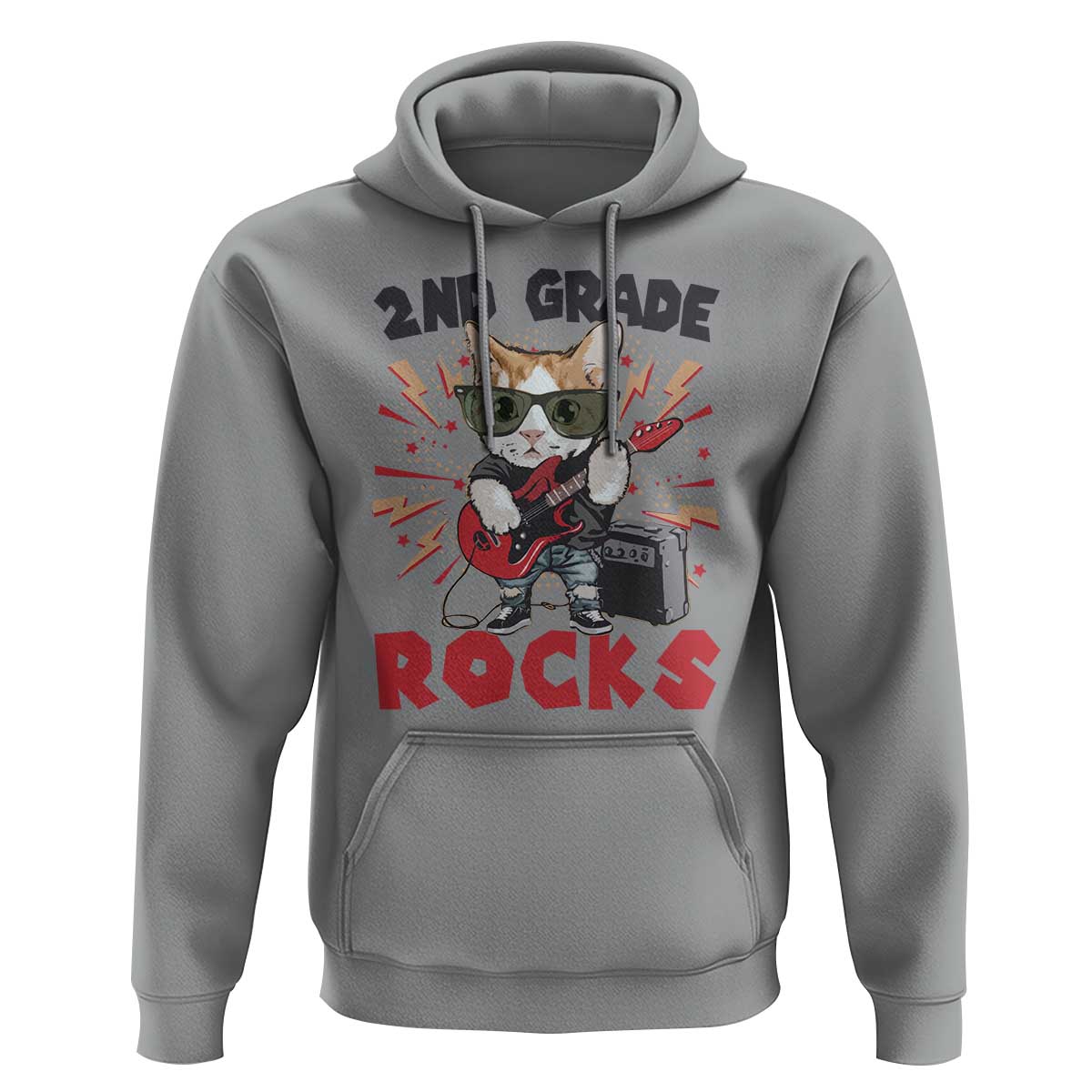 Funny 2nd Grade Rocks Hoodie Cat Heavy Metal Guitarist Thunder Star - Wonder Print Shop