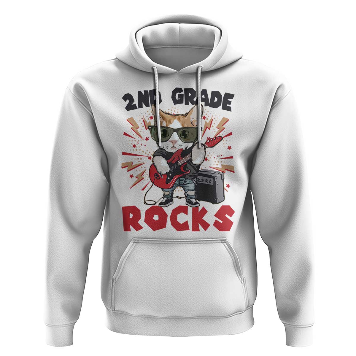 Funny 2nd Grade Rocks Hoodie Cat Heavy Metal Guitarist Thunder Star - Wonder Print Shop