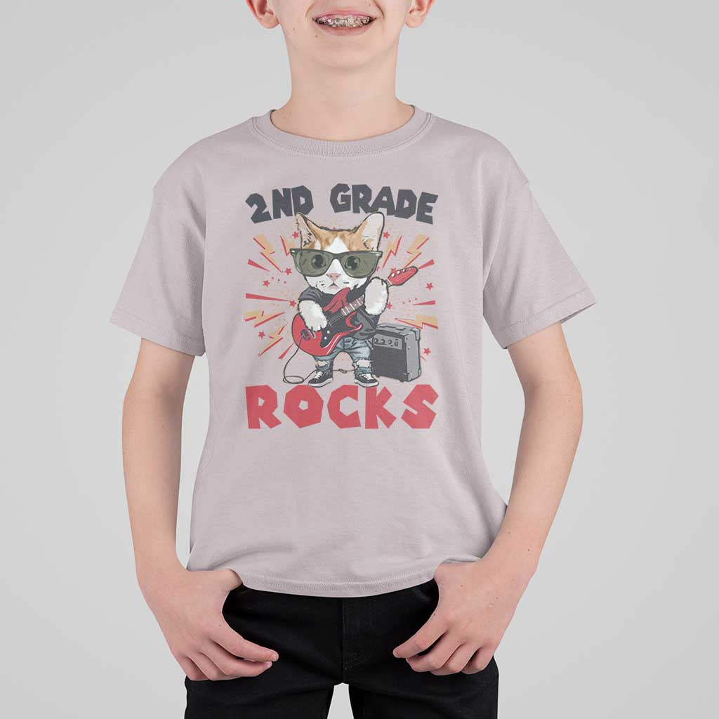 Funny 2nd Grade Rocks T Shirt For Kid Cat Heavy Metal Guitarist Thunder Star - Wonder Print Shop