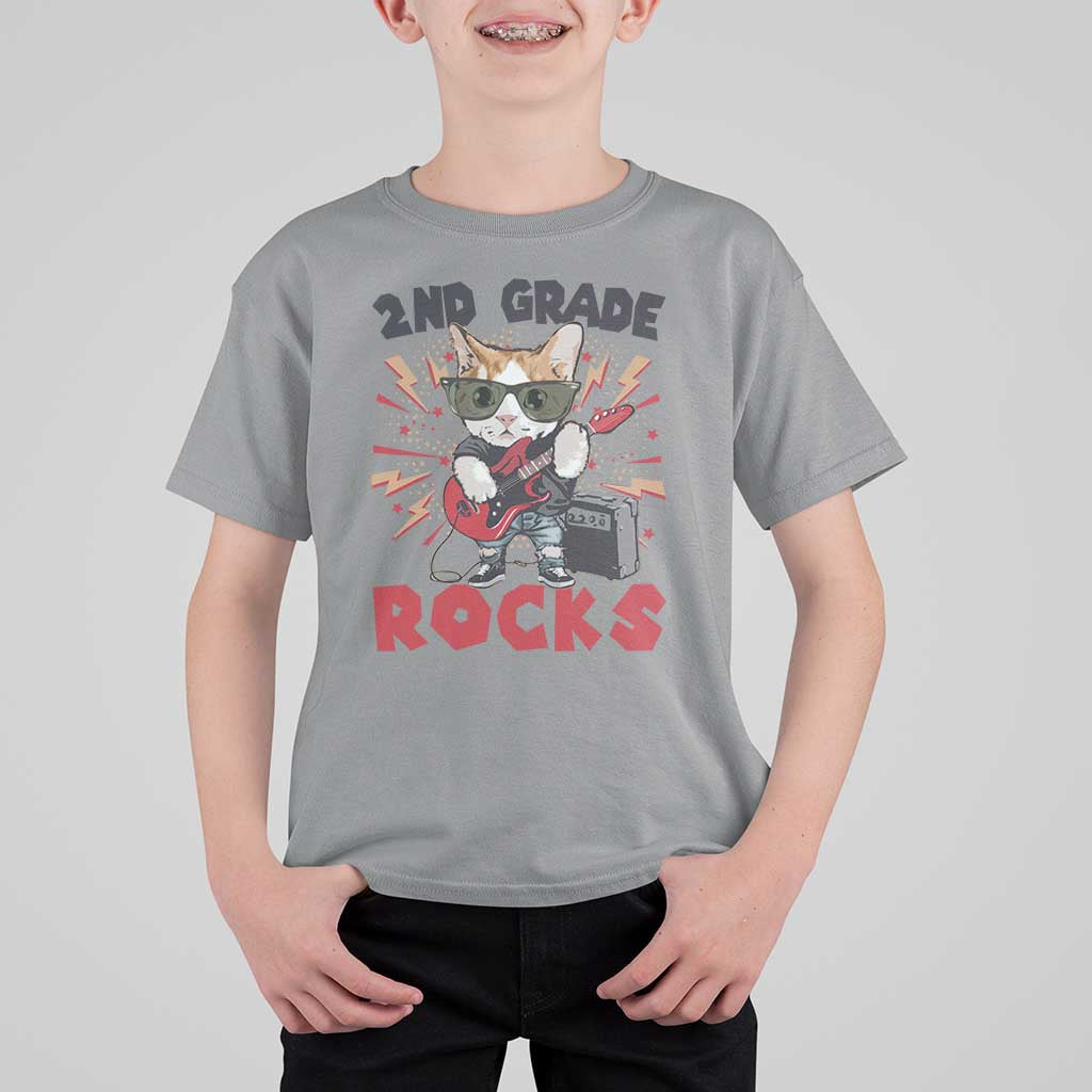 Funny 2nd Grade Rocks T Shirt For Kid Cat Heavy Metal Guitarist Thunder Star - Wonder Print Shop