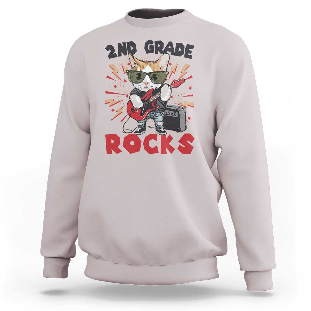 Funny 2nd Grade Rocks Sweatshirt Cat Heavy Metal Guitarist Thunder Star - Wonder Print Shop