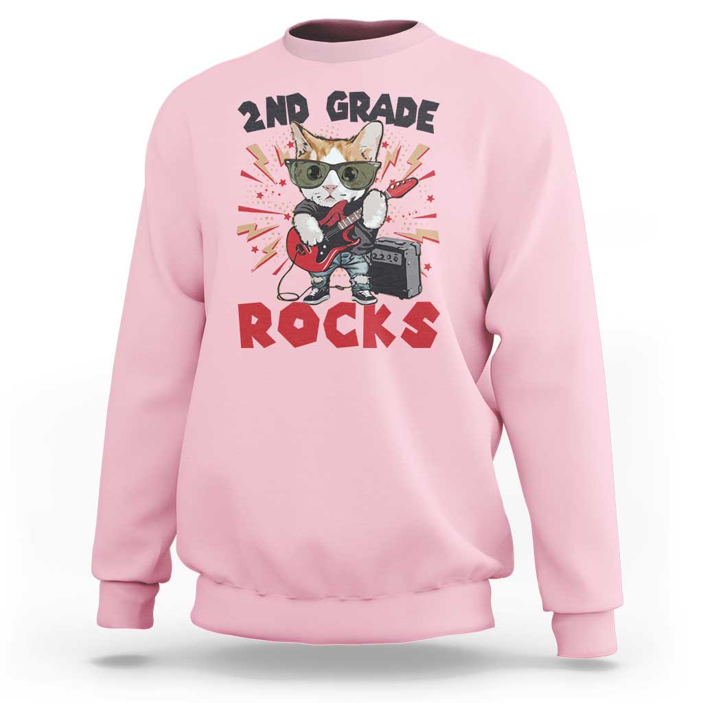 Funny 2nd Grade Rocks Sweatshirt Cat Heavy Metal Guitarist Thunder Star - Wonder Print Shop